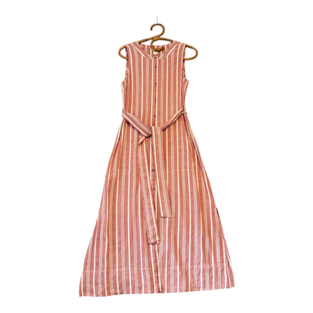 Club Monaco | Sleeveless Button Front Striped Linen Blend Midi Dress Size 6 - Picture 3 of 10